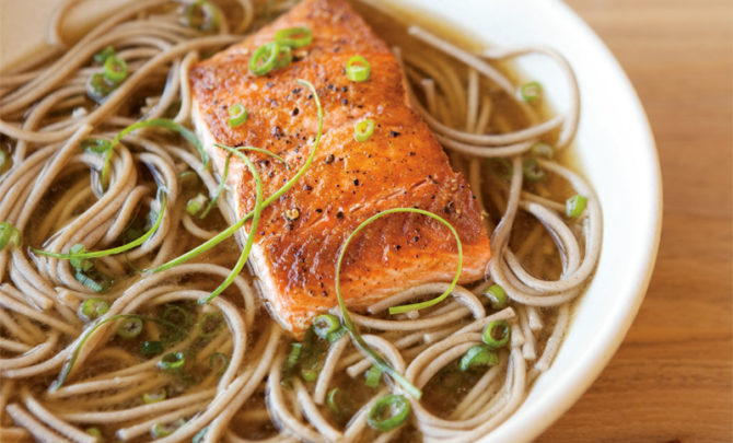 william-sonoma-soup-cookbook-soba-noodles-sear-salmon-ginger-green-onion-broth-diet-food-nutrition-health-food-spry