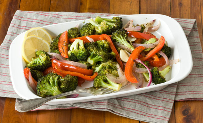 Roasted Broccoli, Red Pepper and Onion side dish recipe.
